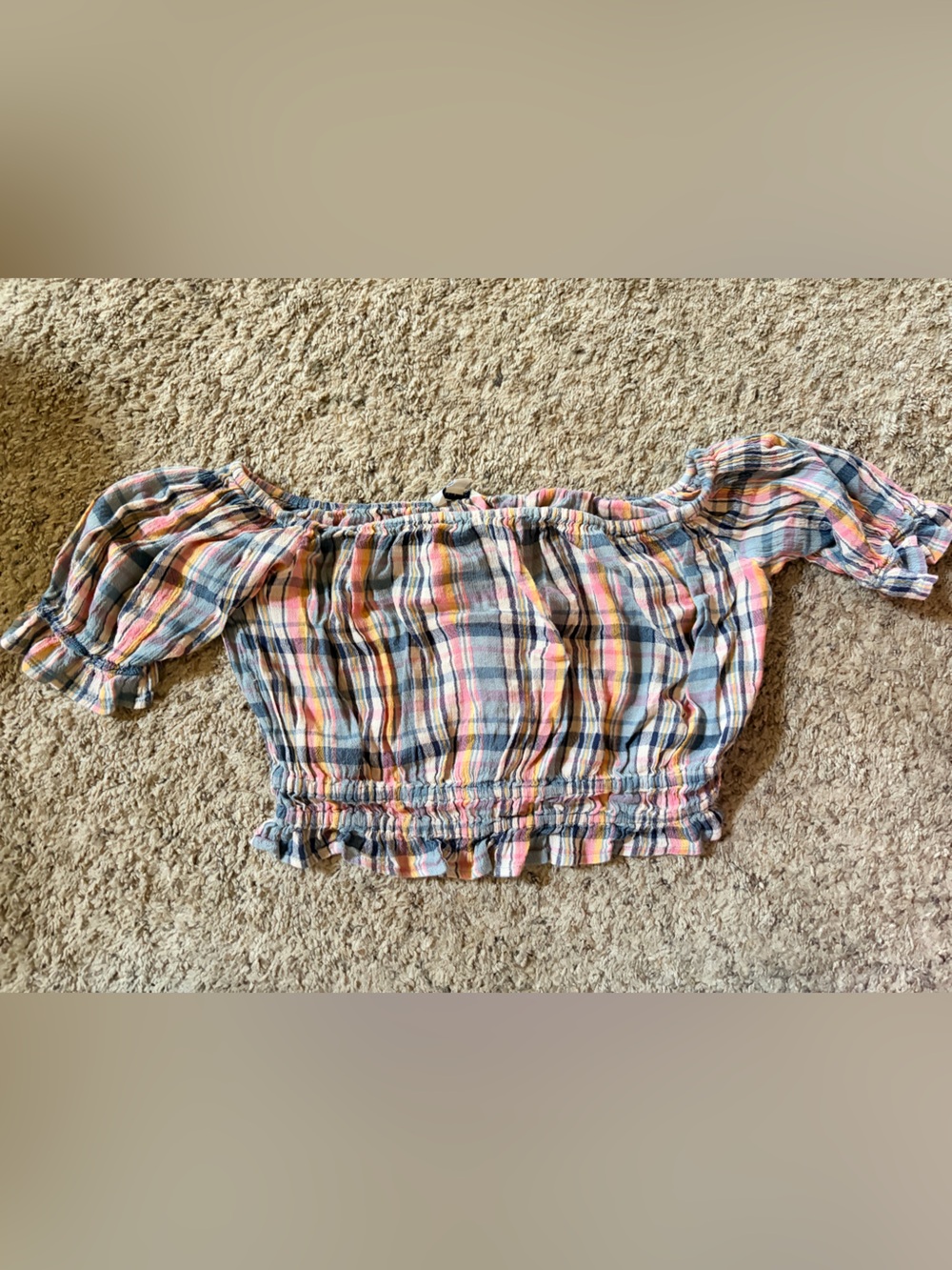 American Eagle Outfitters Pastel Plaid Off-Shoulder Crop Top